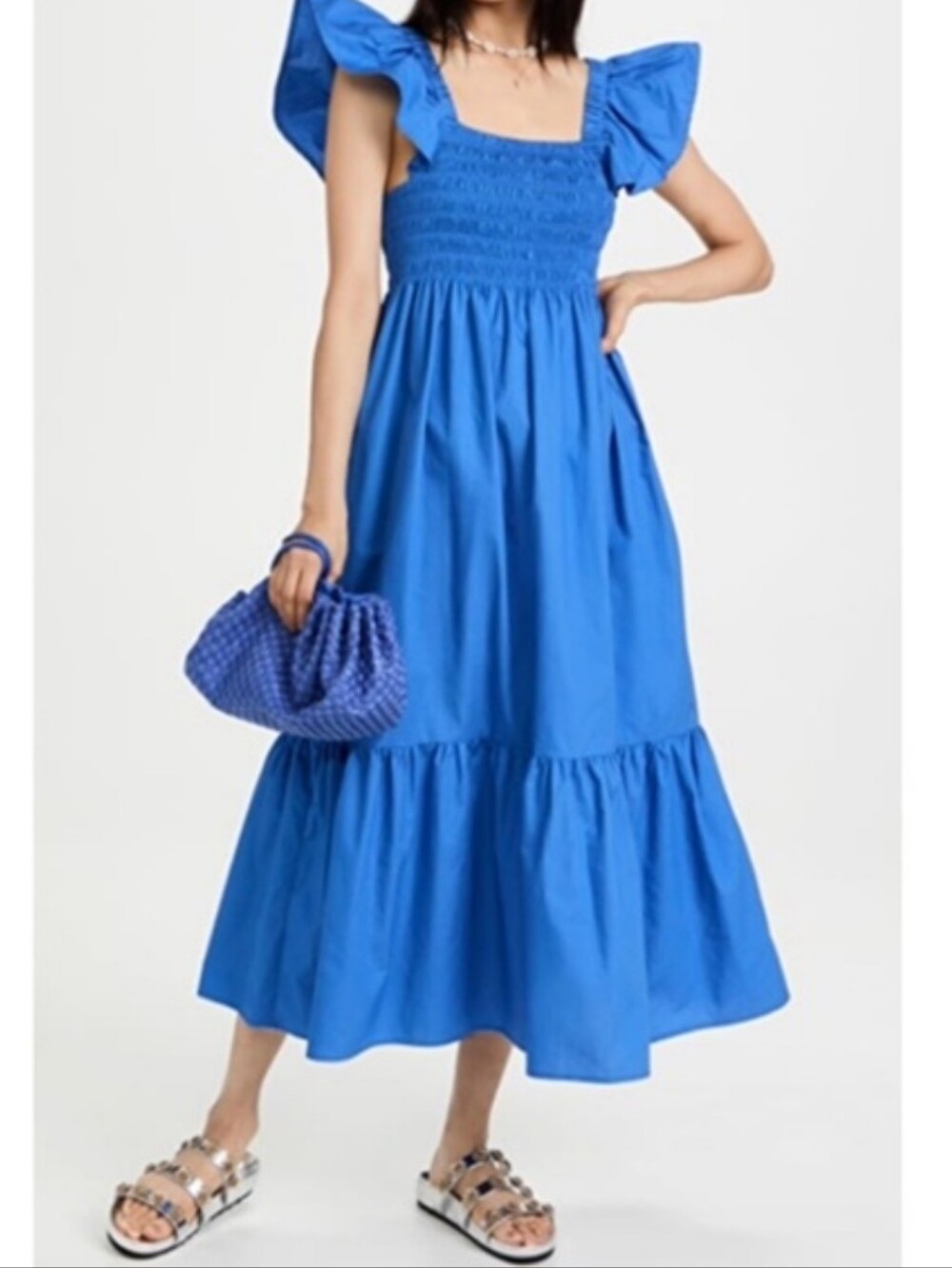 O.p.t Tuscany Tiered Smocked Midi Dress Flutter Sleeve In Cobalt Blue Size M